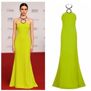 Elie Saab Green Maxi Gown Crepe Silk Halter Necklace 6 Formal Wedding Guest 🟡